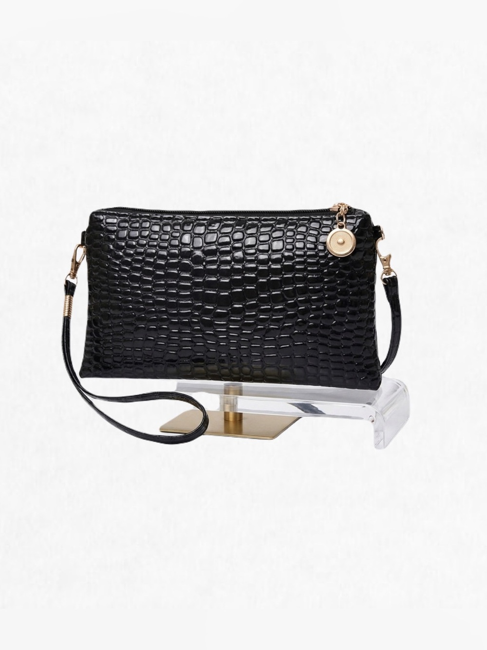 New Black & Gold Vegan Leather Croc Embossed Crossbody Bag - Picture 1 of 16